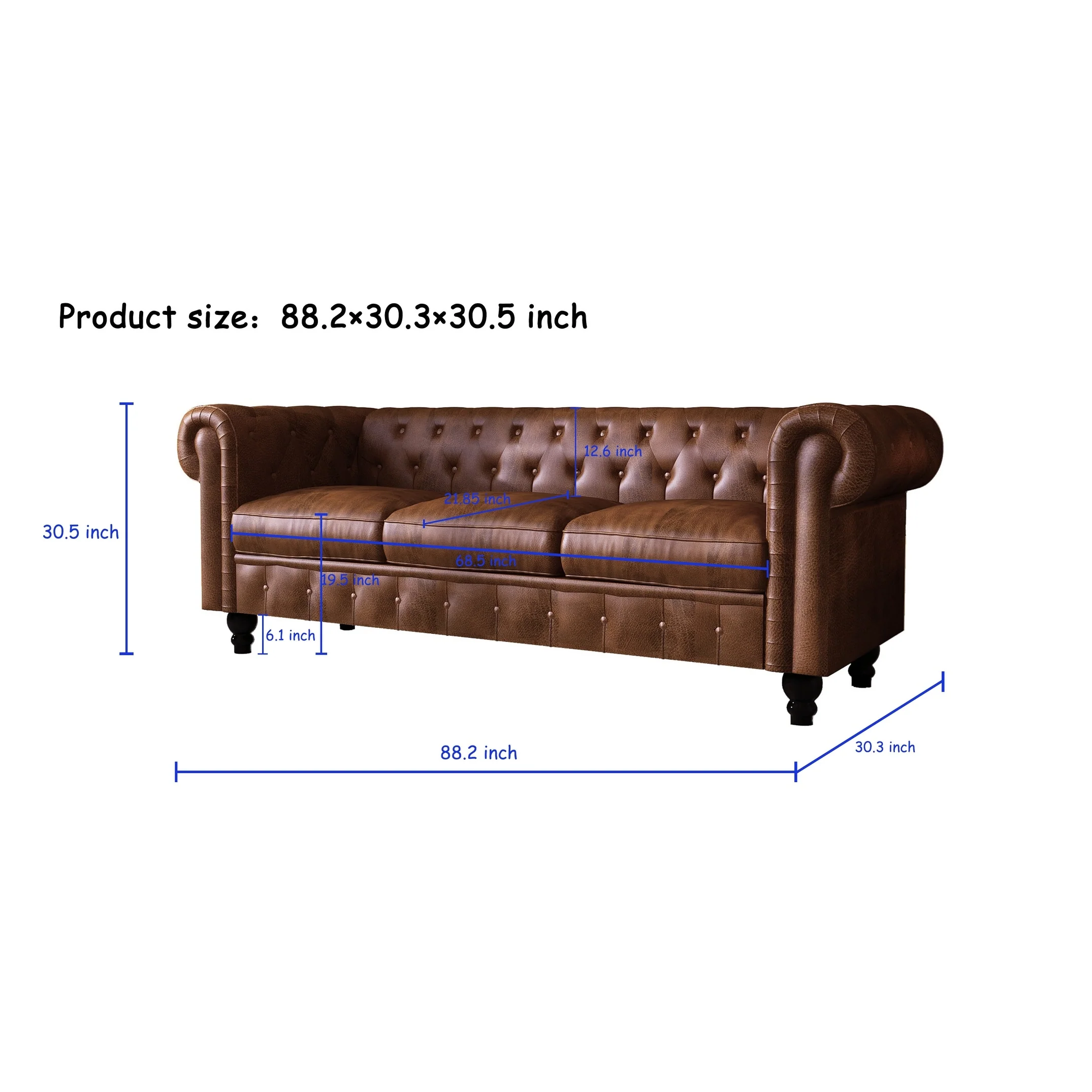 Button Tufted 3-seat Sofa Chesterfield Loveseat Leather Sofa for Living Room, Rolled Arms Couch with 4 Gourd Shaped Legs, Brown