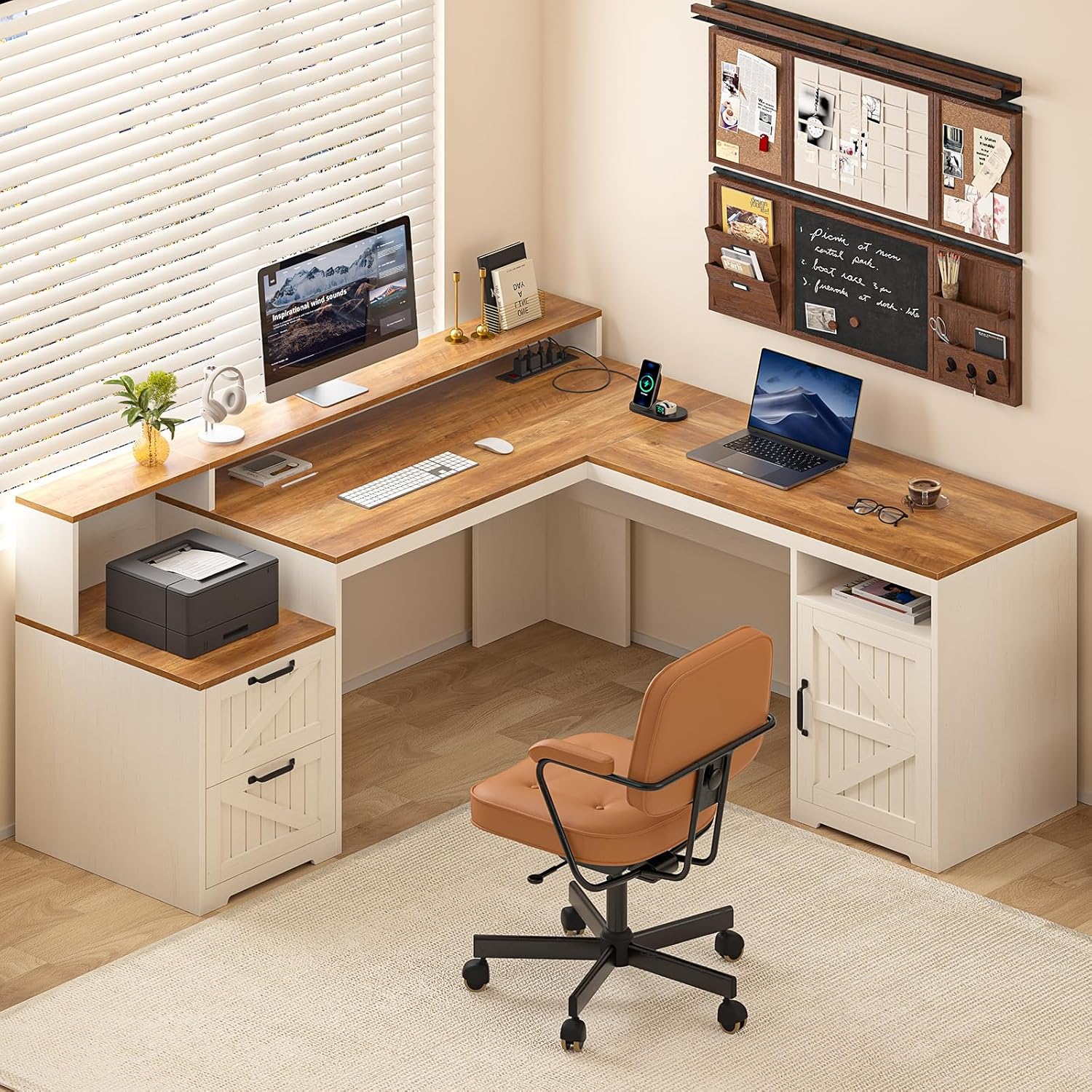 63 Farmhouse L Shaped Executive Desk with Drawers & Storage Shelf, Corner Computer Desk with Power Outlets, L Shaped Office Desk with Monitor Stand, Printer Shelf, Antique White