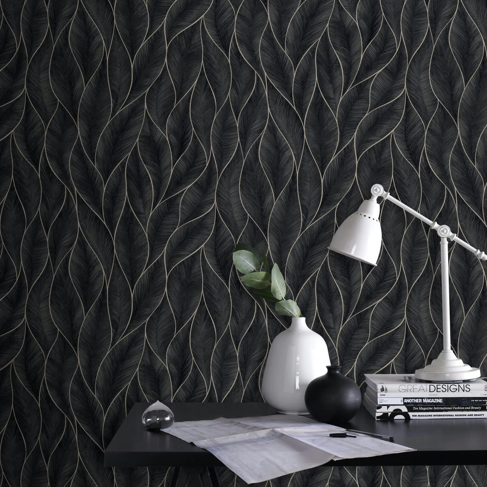 - papier peint mur feuillage anthracite 1005x52cm