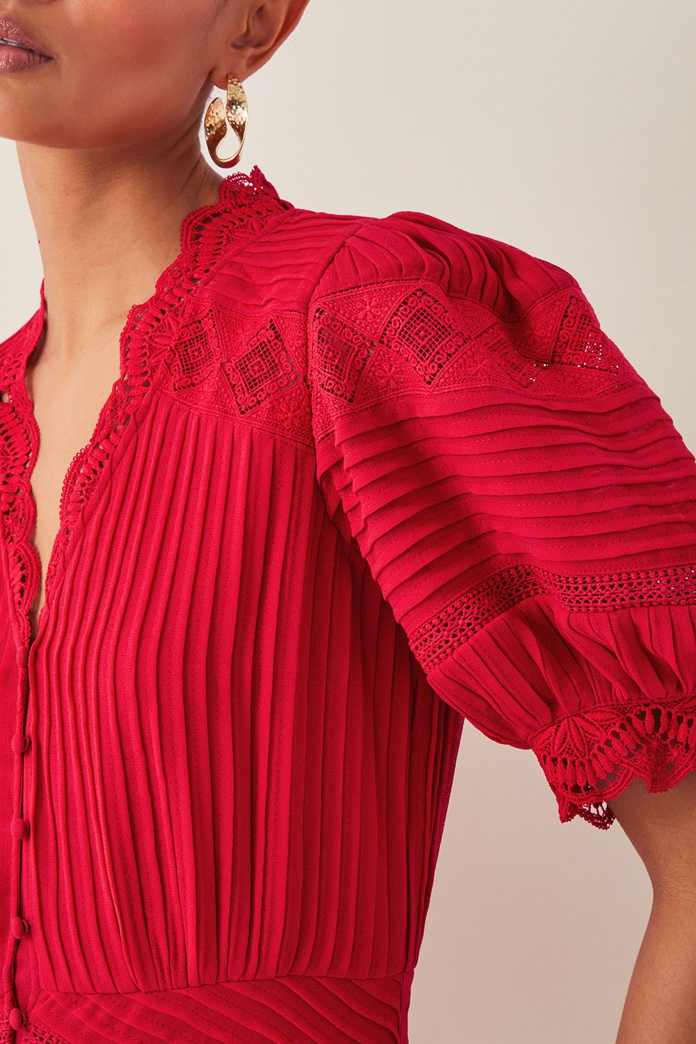 Monsoon Kiana Pintuck Puff-Sleeve Midi Dress Red