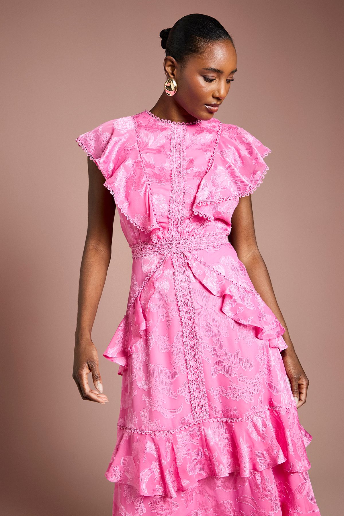 Coast Satin Jacquard Ruffle Detail Midi Dress