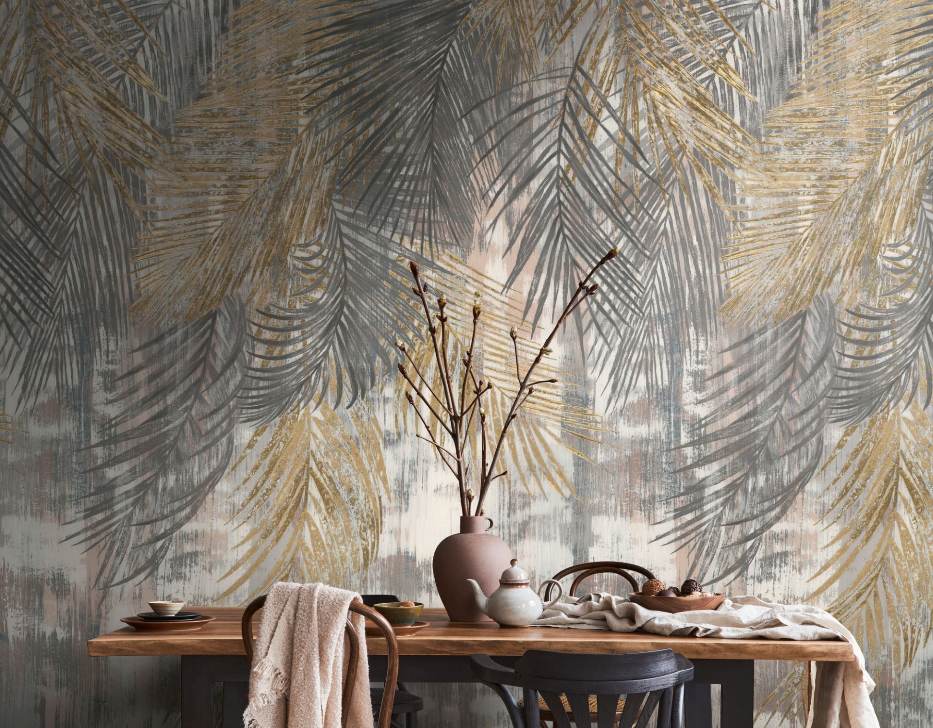 Livingwalls fotobehang tropische bladeren grijs, geel, beige en wit - 159 x 280 cm - AS-392611