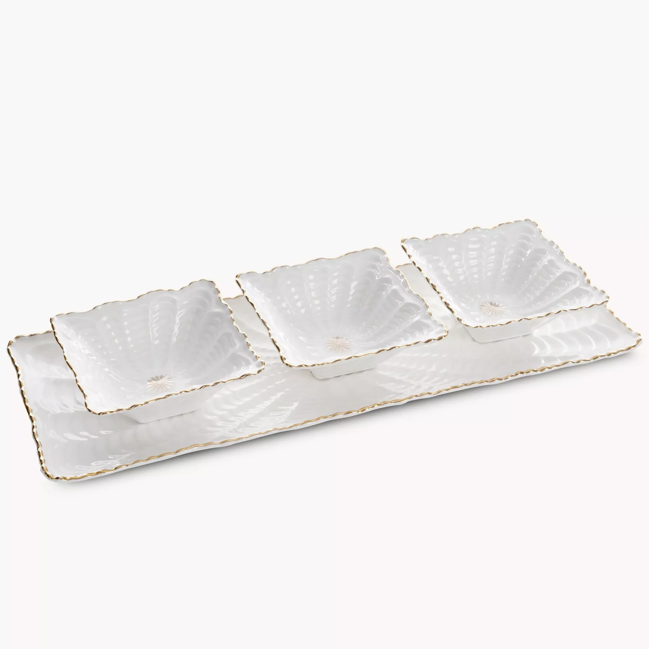 Patera ceramiczna dekoracyjna kremowo-złota z trzema miseczkami zdobiona wypukłym wzorem 42x16x2 cm GAIA