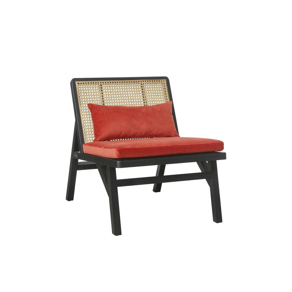 LALALA - Fauteuil en cannage chêne laqué noir et velours brique