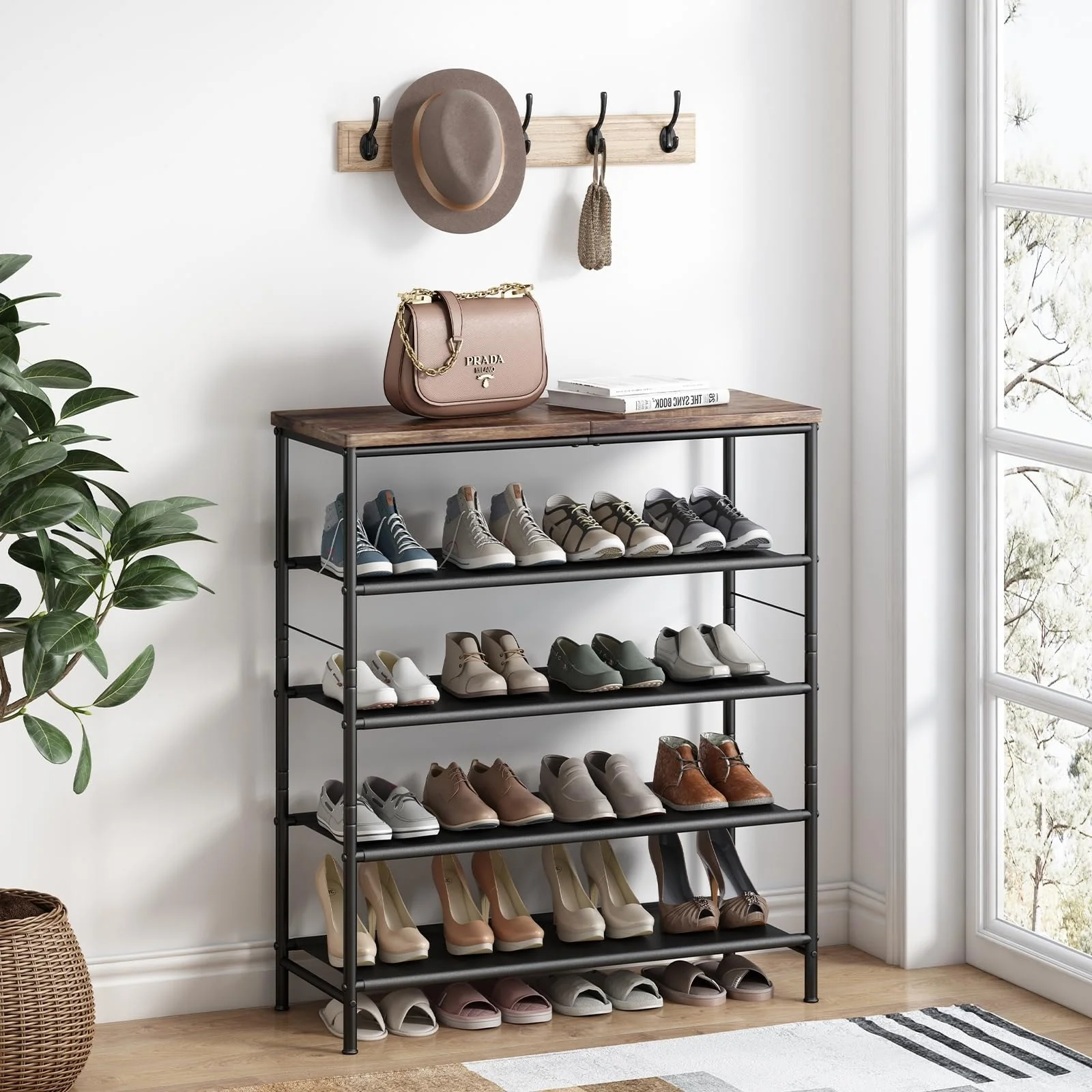Shoe Rack Organizer 5 Tier Metal Organizer Shelf with Industrial MDF Board and Layer Fabric