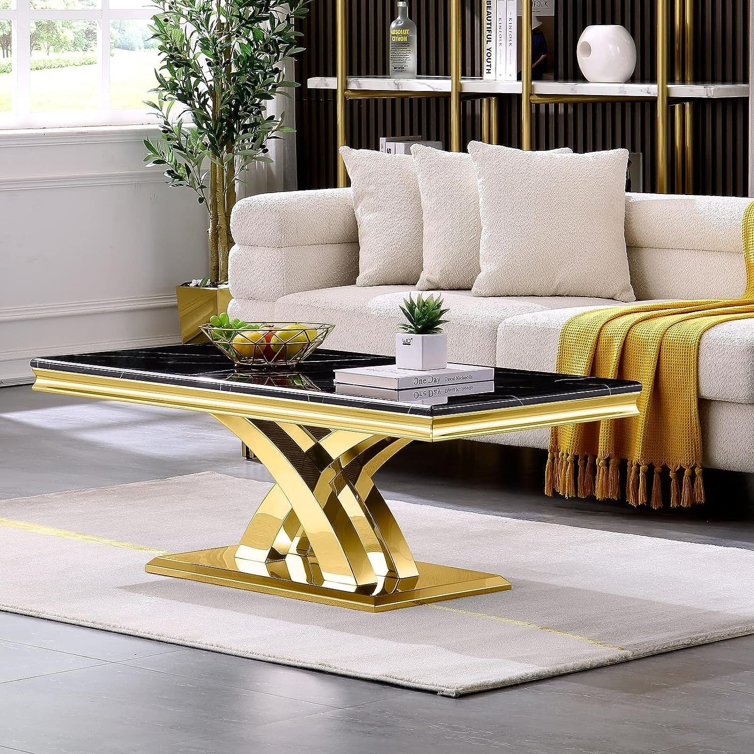 Modern Coffee Table 48‘’ Rectangular Coffee Table with X Base Pedestal Coffee Tables for Living Room