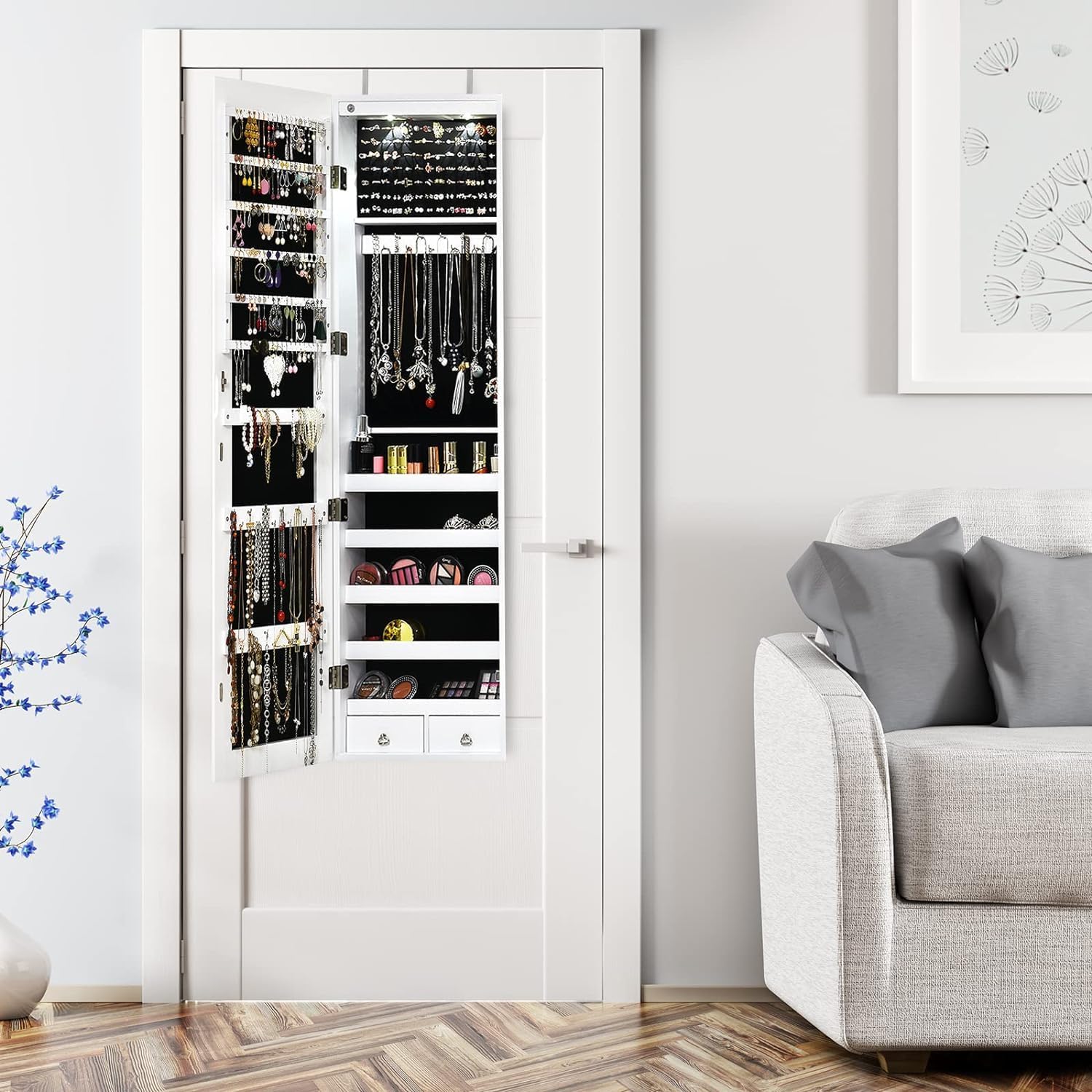 Moccha Wall Door Jewelry Armoire, Full Screen Jewelry Cabinet for Bedroom, Lockable Jewelry Cabinet, Jewelry Organizer Storage with 2 LED Lights and 2 Drawers, White