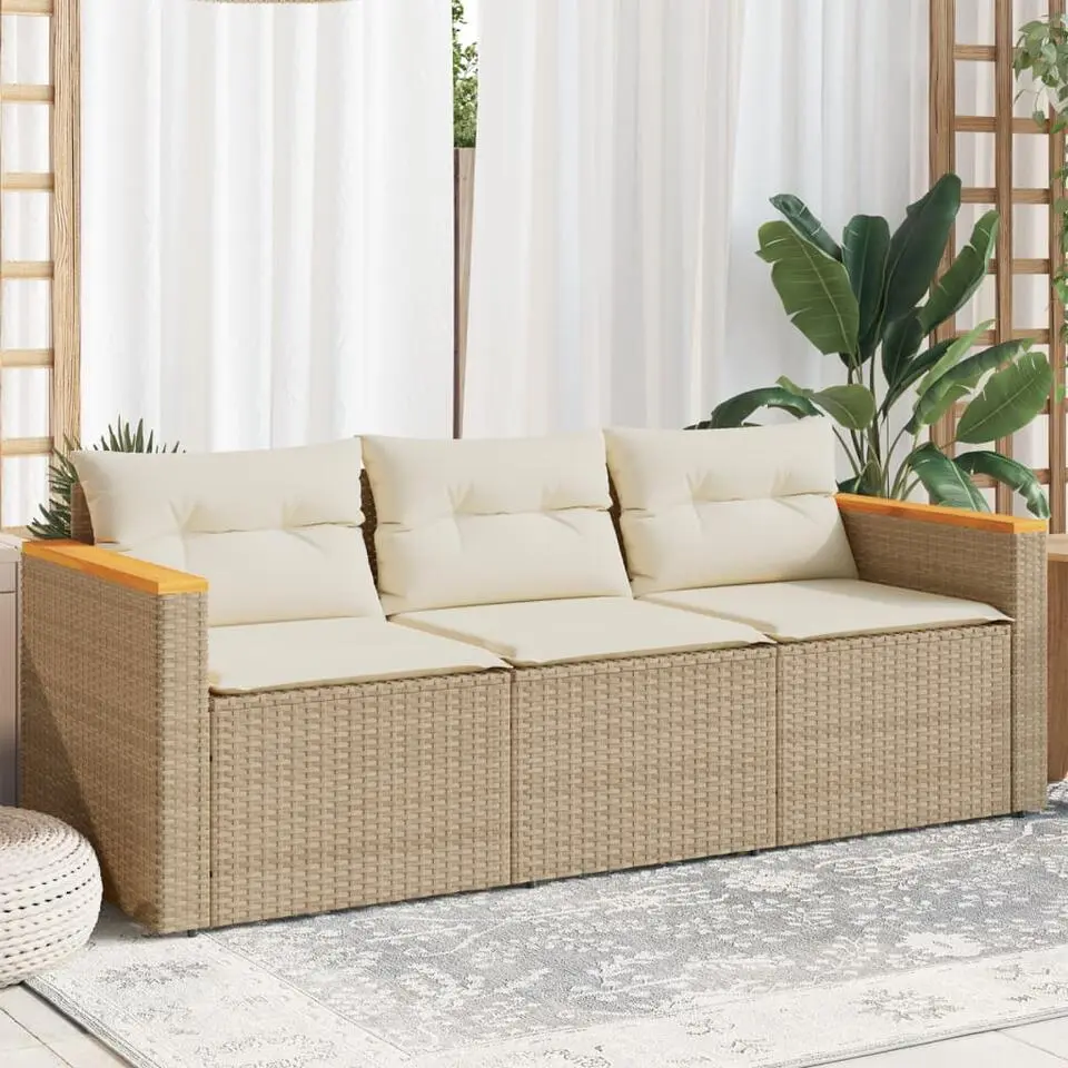 vidaXL - Tuinbank 3-zits - Beige - Poly rattan - Met kussens