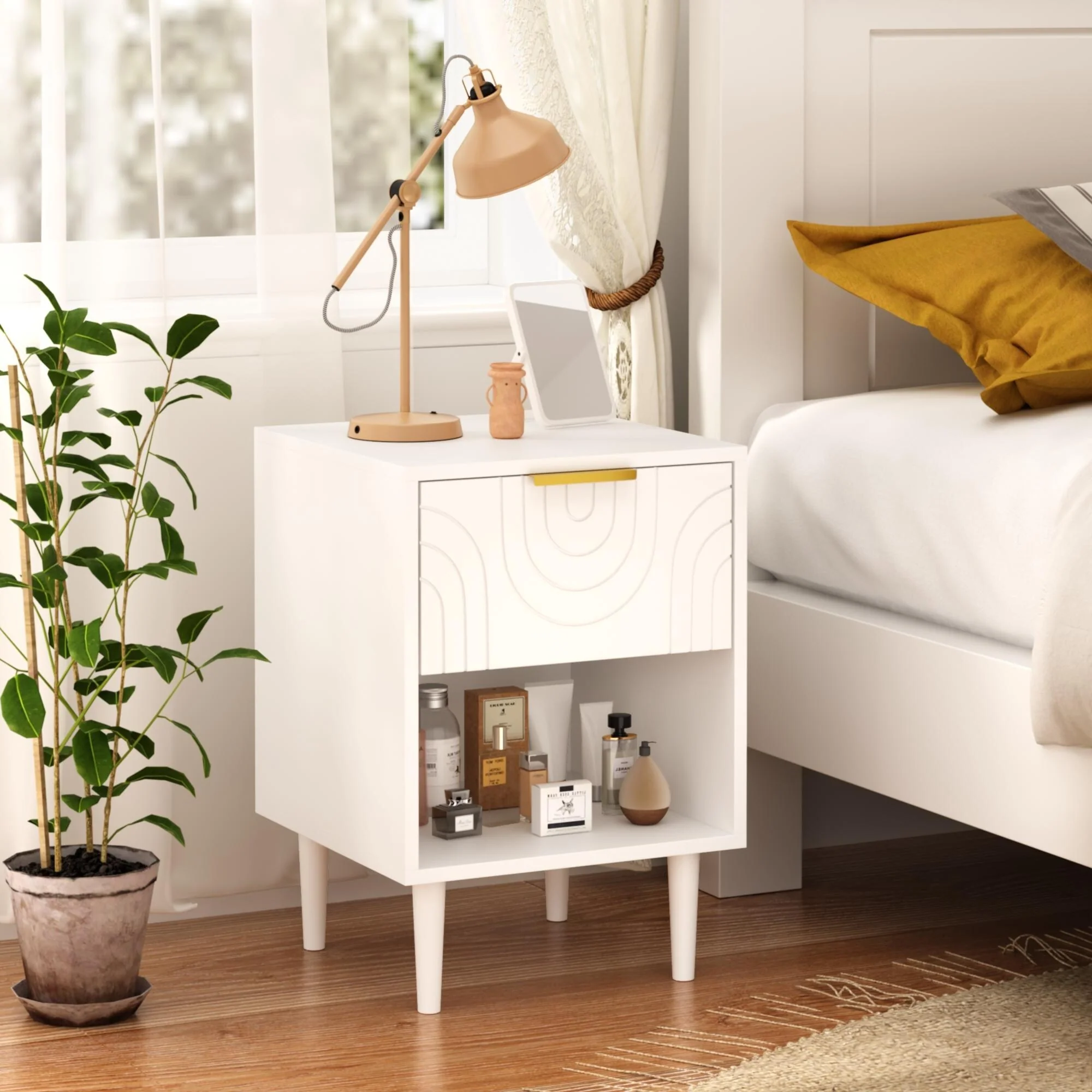 Wooden Nightstand with Drawer and Open Shelf 2-Tier Storage End Table with Gold Accented Handle Wood Nightstand for Bedroom