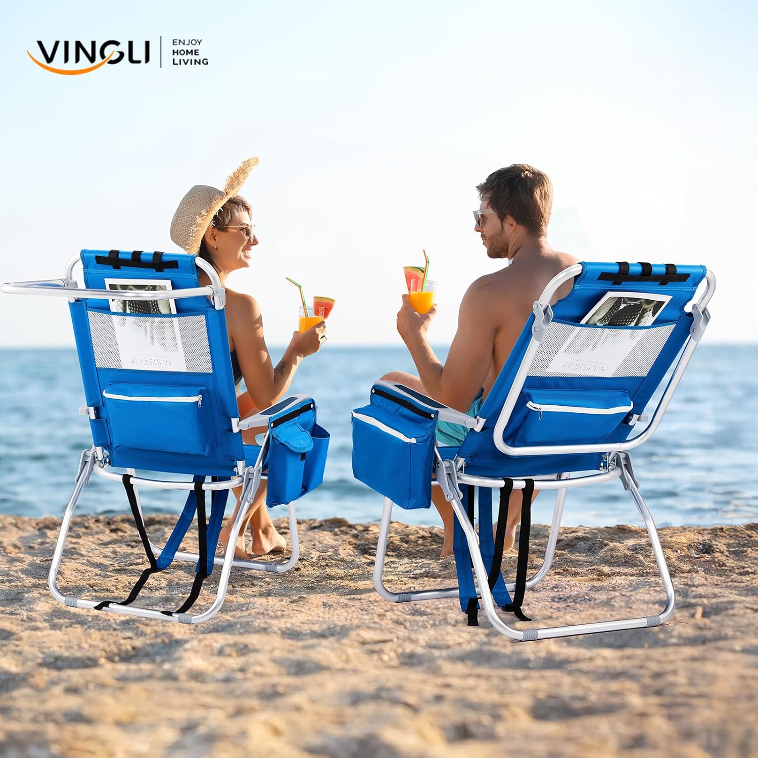 VINGLI Tall Beach Chair 1 Pack Lightweight, Backpack Beach Chair for Adults with 5-Position, Cooler Bag, Cup Holders, Towel Bar, Lightweight Folding Beach Camping Chairs Blue