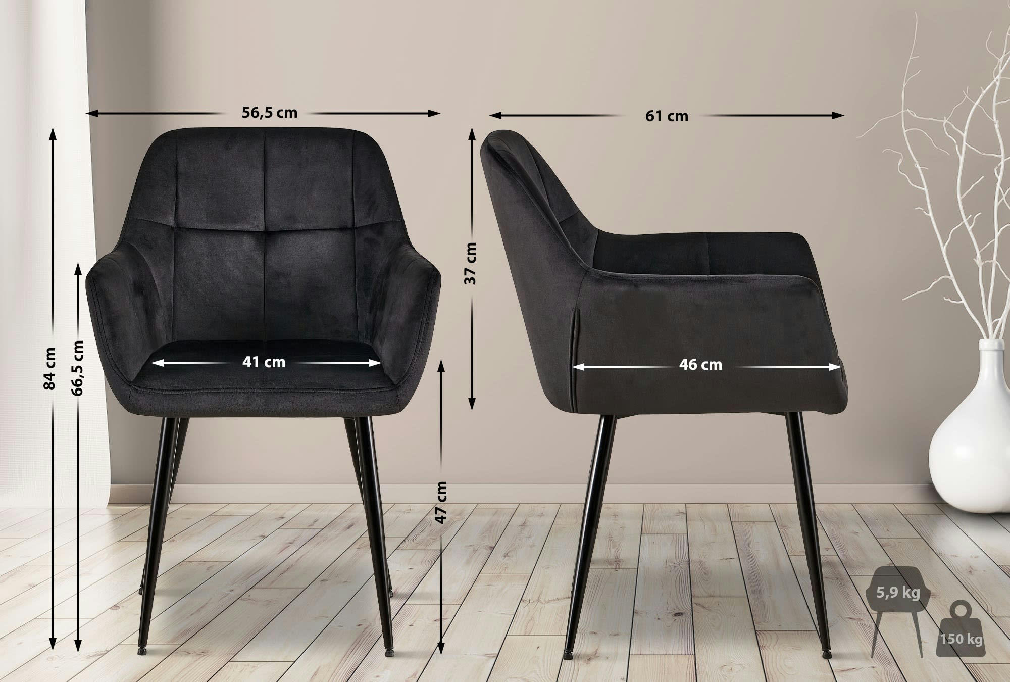 EMIA - Chaise de salle à manger avec accoudoirs en velours Noir