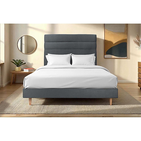 Lit avec tête de lit lignes velours et sommier kit- Lit en bois massif