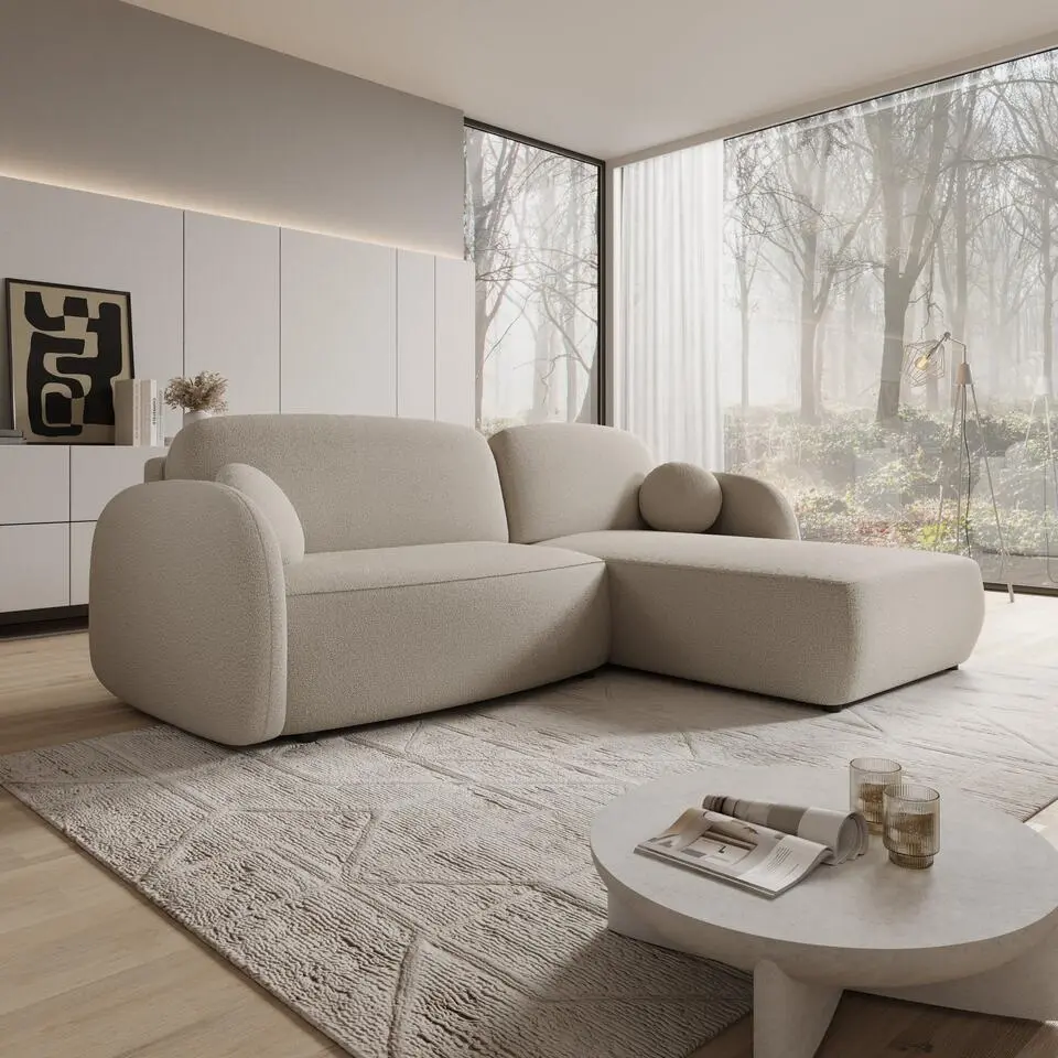 Meubella - Ometa - Hoekbank 3-zits met chaise longue - Teddystof beige - Rechts