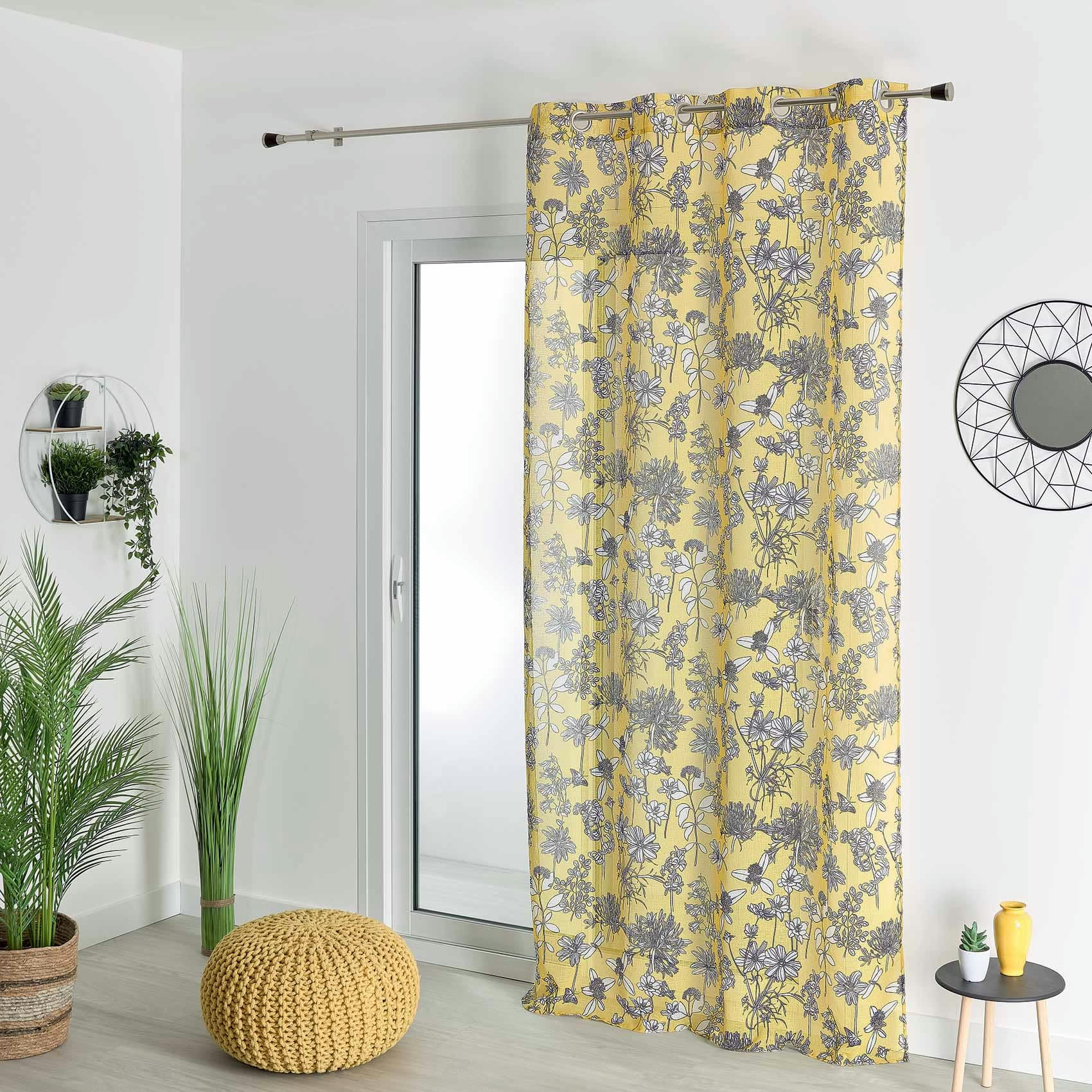 - Voilage en étamine fleurie polyester jaune 140x240 cm