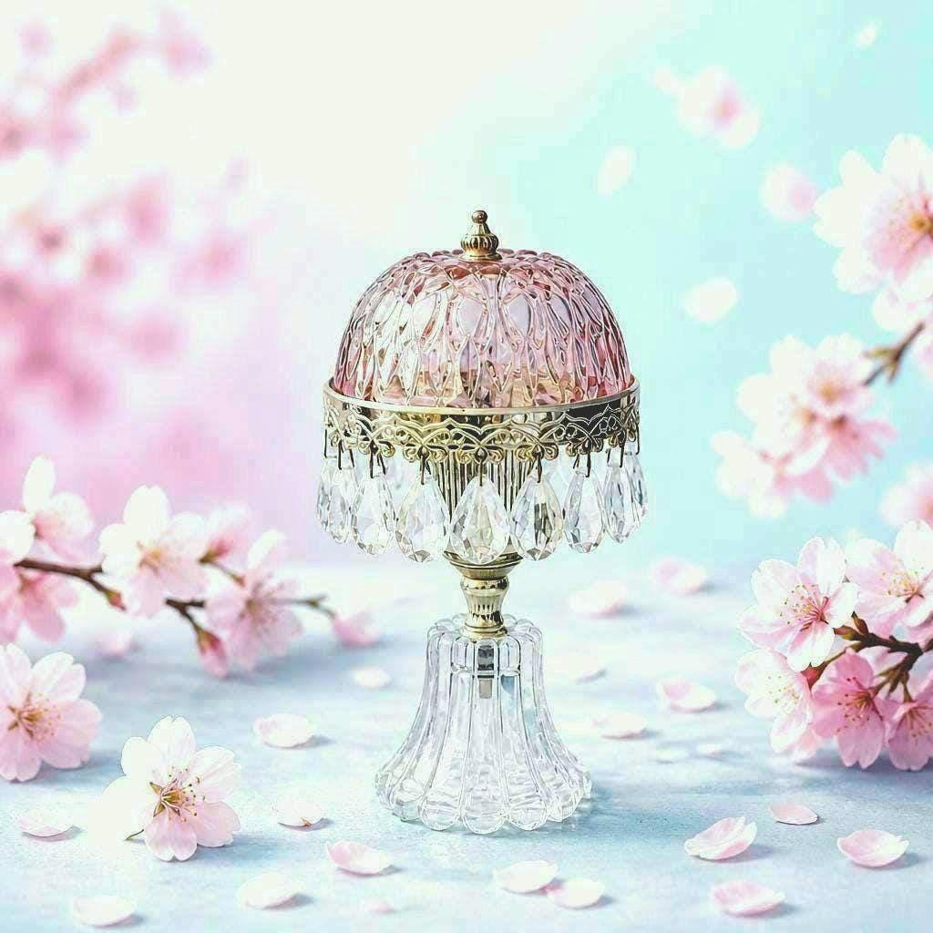 Vintage cranberry glass and crystal Michelotti boudoir lamp with patterned dome shade, dangling teardrop prisms & clear pressed glass base