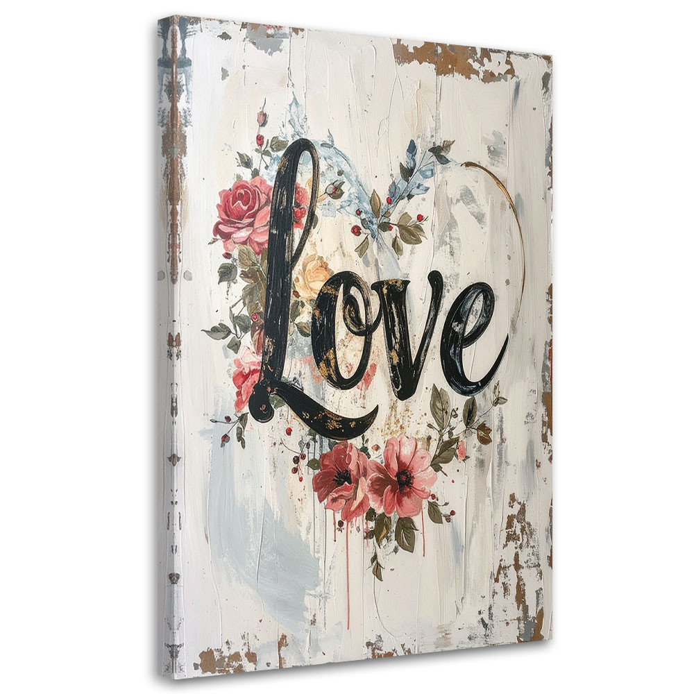 Obraz do salonu sypialni biura loftu, Napis Love róze w stylu shabby 20x30