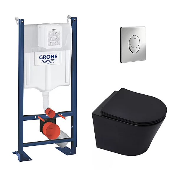 Grohe Pack WC Bâti-autoportant Rapid SL   WC Infinitio sans bride noir mat   Abattant softclose   Plaque chrome