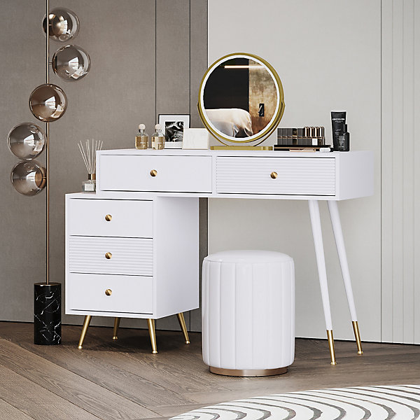 Coiffeuse 100 cm avec miroir LED tactile et caisson modulable, plateau spacieux et finitions blanches