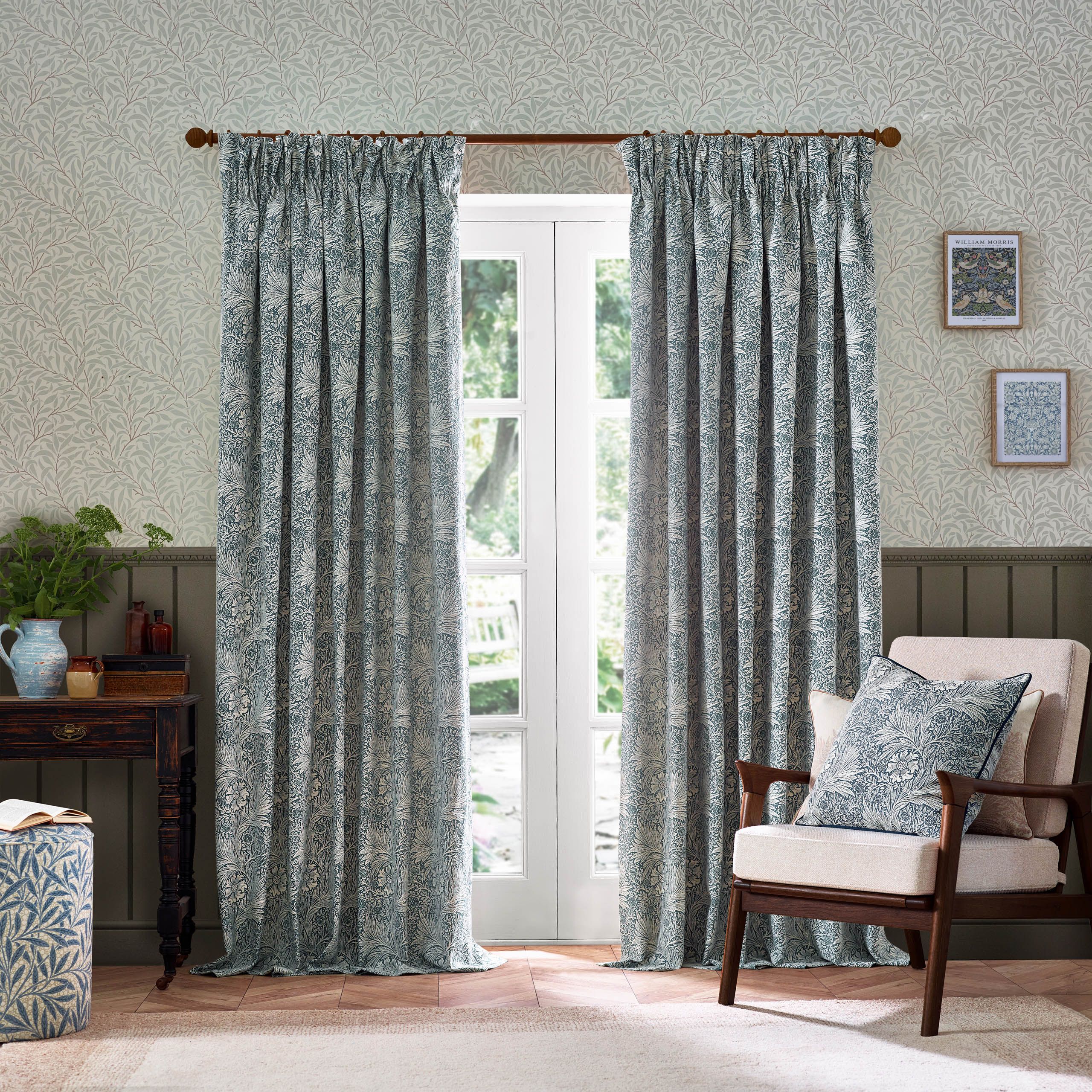 Morris & Co Marigold Jacquard Floral Room Darkening Pencil Pleat Curtains