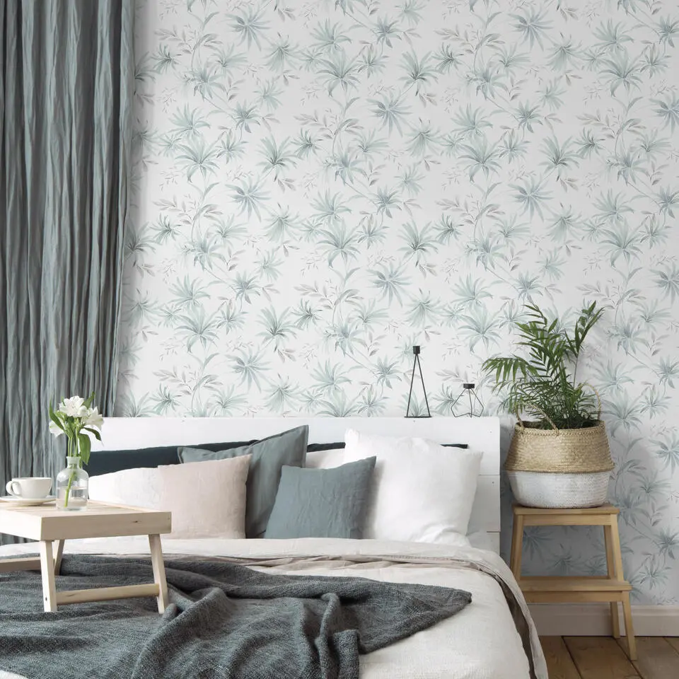 Sanders & Sanders behang bladeren vergrijsd turquoise - 53 cm x 10 m