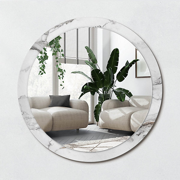 Miroir Rond Cadre Imprimé Design Wallfluent fi100 cm Marbre Blanc Tendance Boho Minimaliste Sans Joint