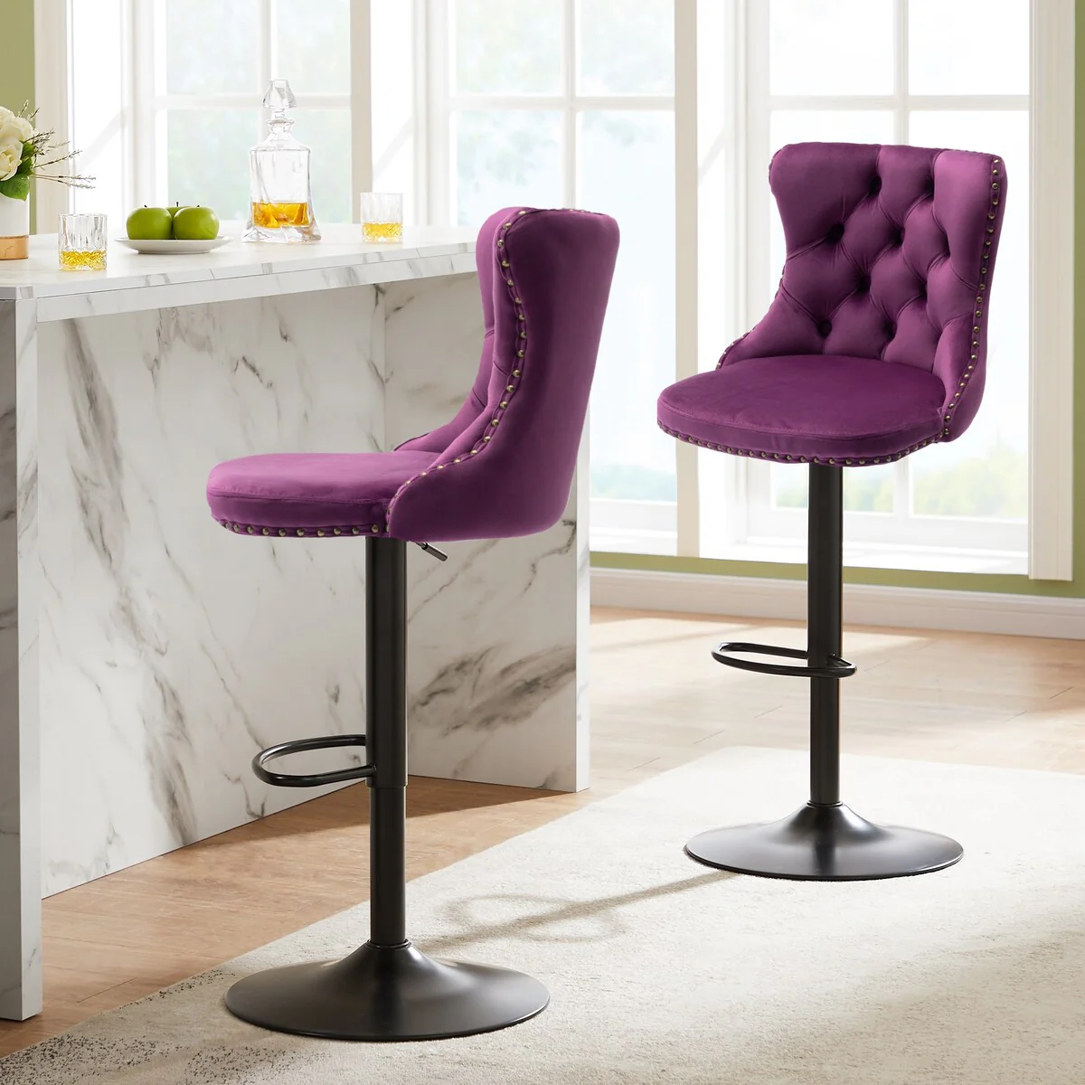 Velvet Adjustable Swivel Counter Height Barstools Set of 2