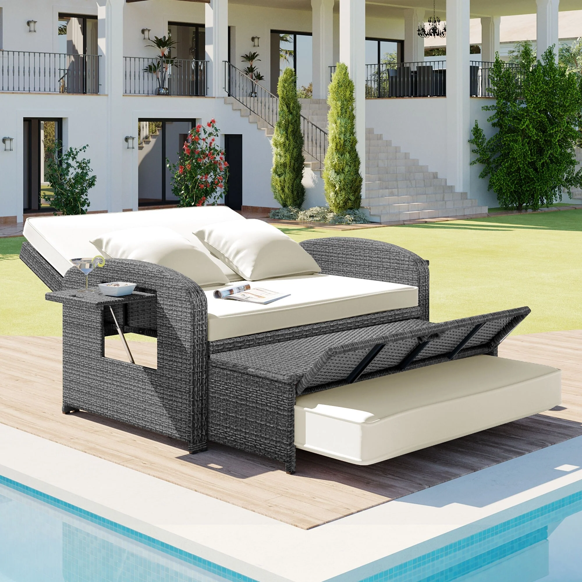 PE Wicker Rattan Double Chaise Lounge, 2-Person Reclining Daybed with Adjustable Back and Cushions, Free Furniture Prote