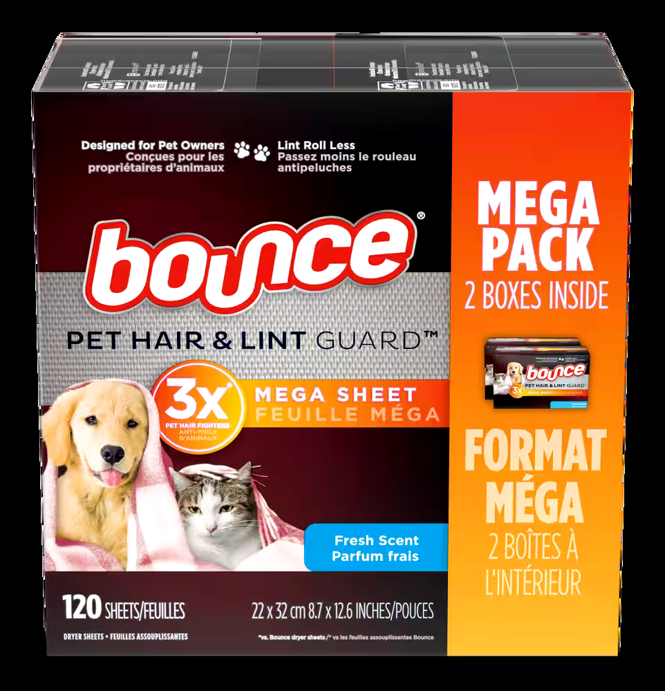 Bounce Pet Hair and Lint Guard Mega Dryer Sheets, Fresh Scent, 120 Count