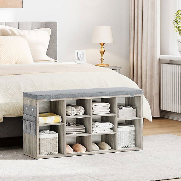Banc à Chaussures - MEUBLE A CHAUSSURES - 10 Compartiments - Assise Rembourrée - Capacité 150 kg - Gris
