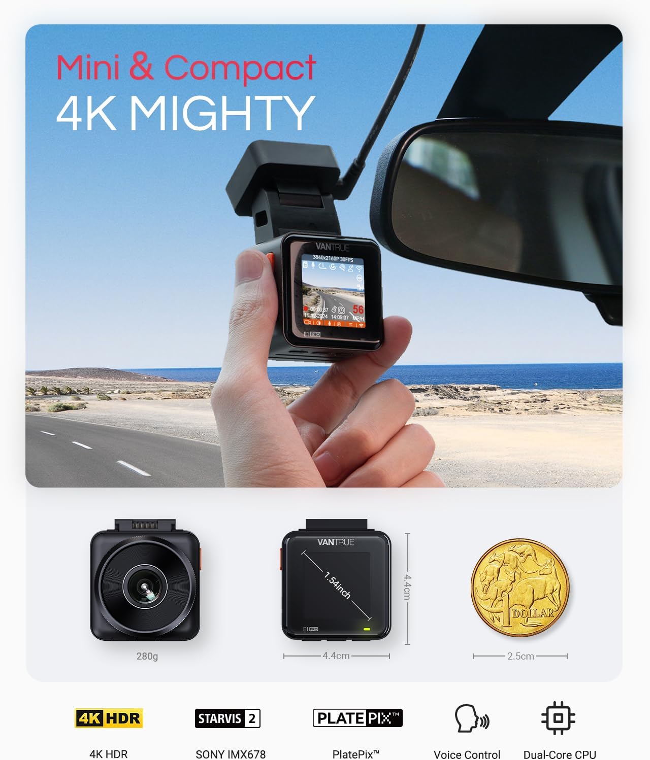 Vantrue E1 Pro 4K Mini Dash Cam Front  STARVIS 2 PlatePix HDR Night Vision Car Camera  Built-in 5G WiFi GPS  1.54'' IPS Screen  Voice Control  24/7 Buffered Parking Mode  Support 1TB Max