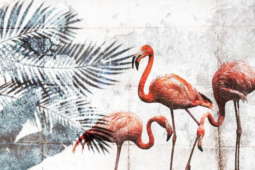 Fototapeta FLAMINGI Liście Beton Retro 3D 90x60cm
