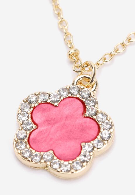 Womens Gold Hot Pink Flower Diamante Pave Necklace