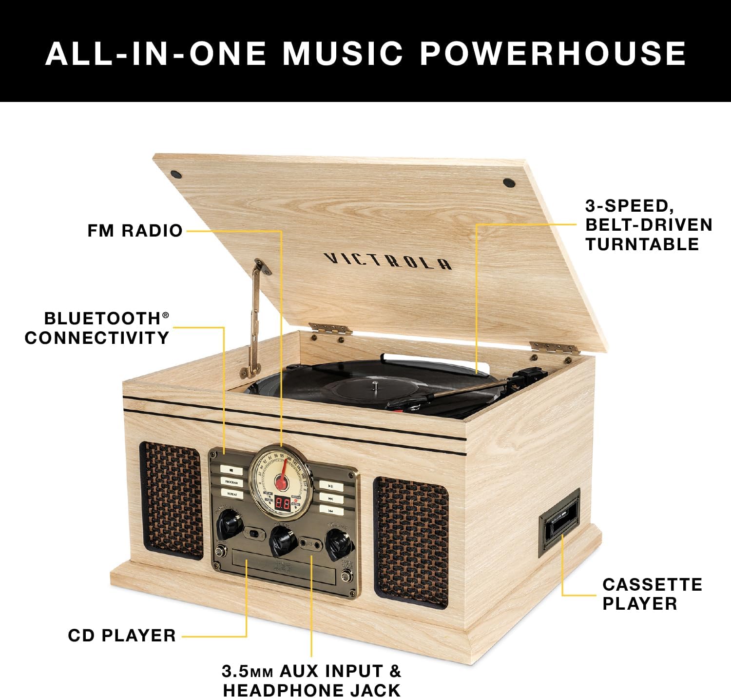 Victrola The Quincy 6-in-1 Bluetooth Record Player & Multimedia Center with Built-in Speakers – 3-Speed Turntable, CD & Cassette Player, FM Radio, Wireless Music Streaming (Mahogony)