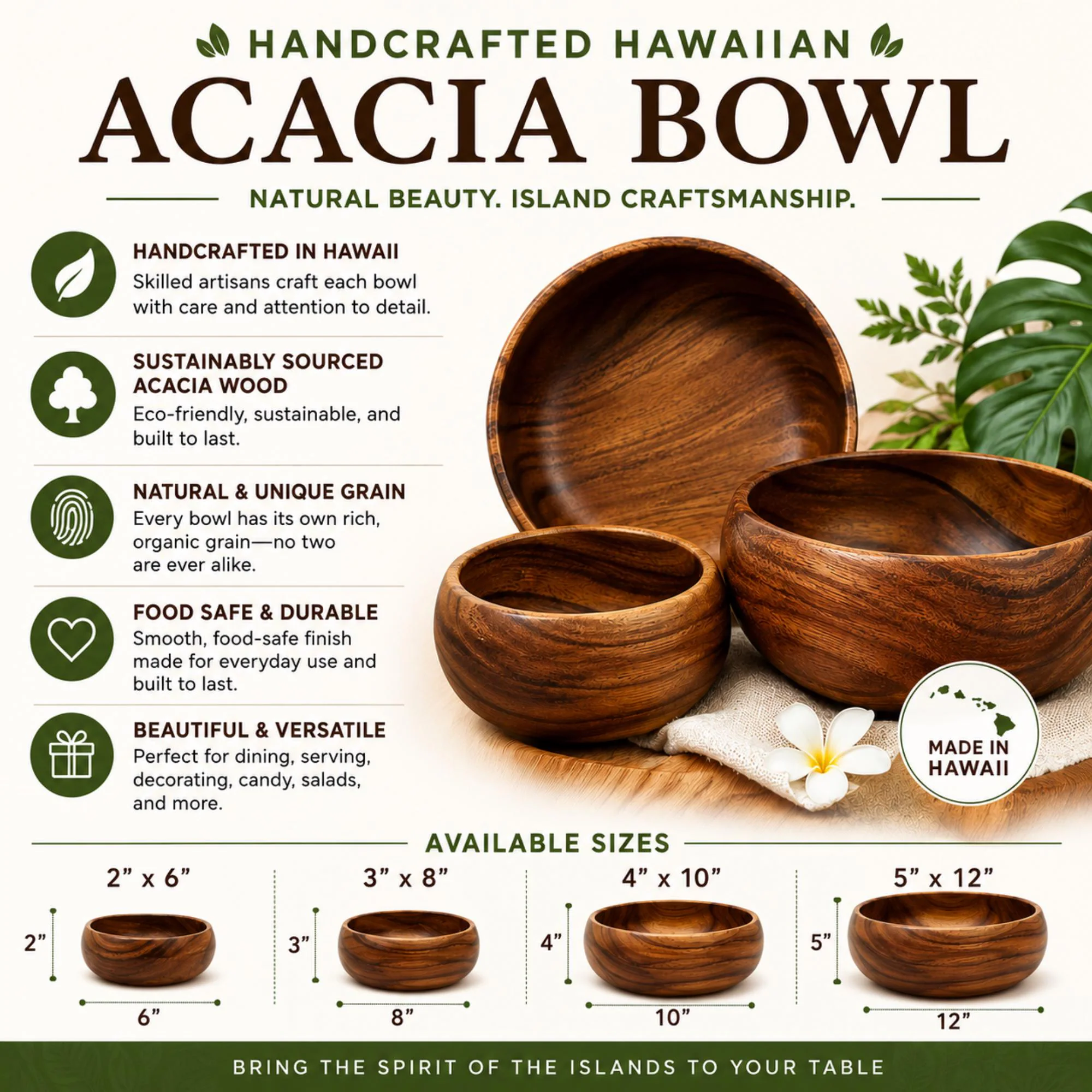 Handcrafted Hawaiian Acacia Wood Bowl – Wooden Salad, Snack, Soup, and Decor Bowl (2x6, 3x8, 4x10, 5x12 inch)