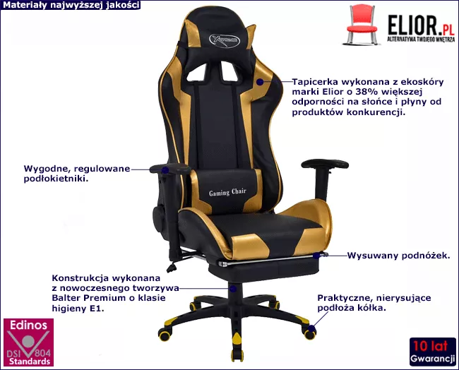 Czarno-złoty fotel gamingowy regulowany - Gilvo