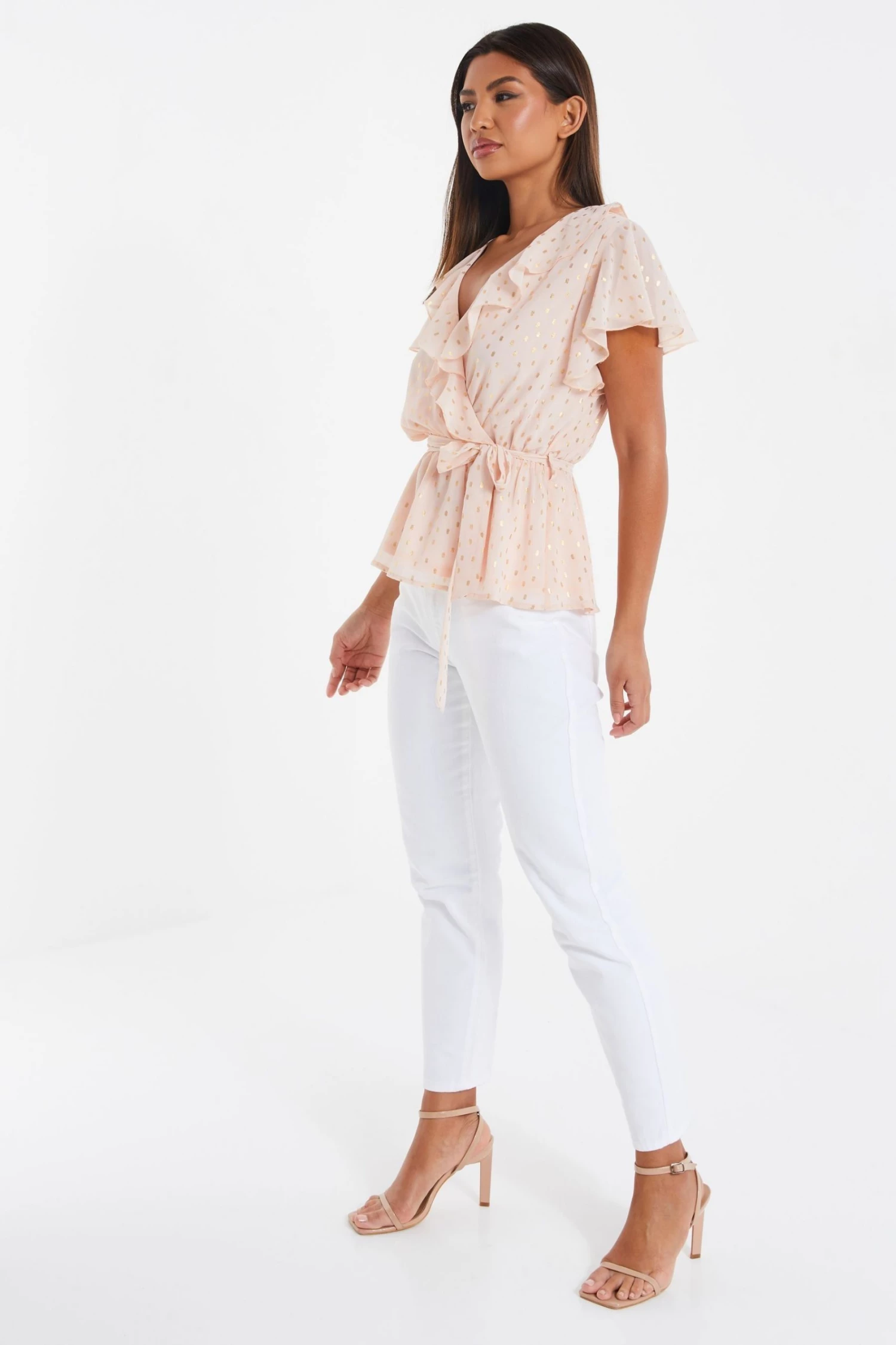 Quiz Pink & Gold Chiffon Foil Frill Wrap Peplum Top