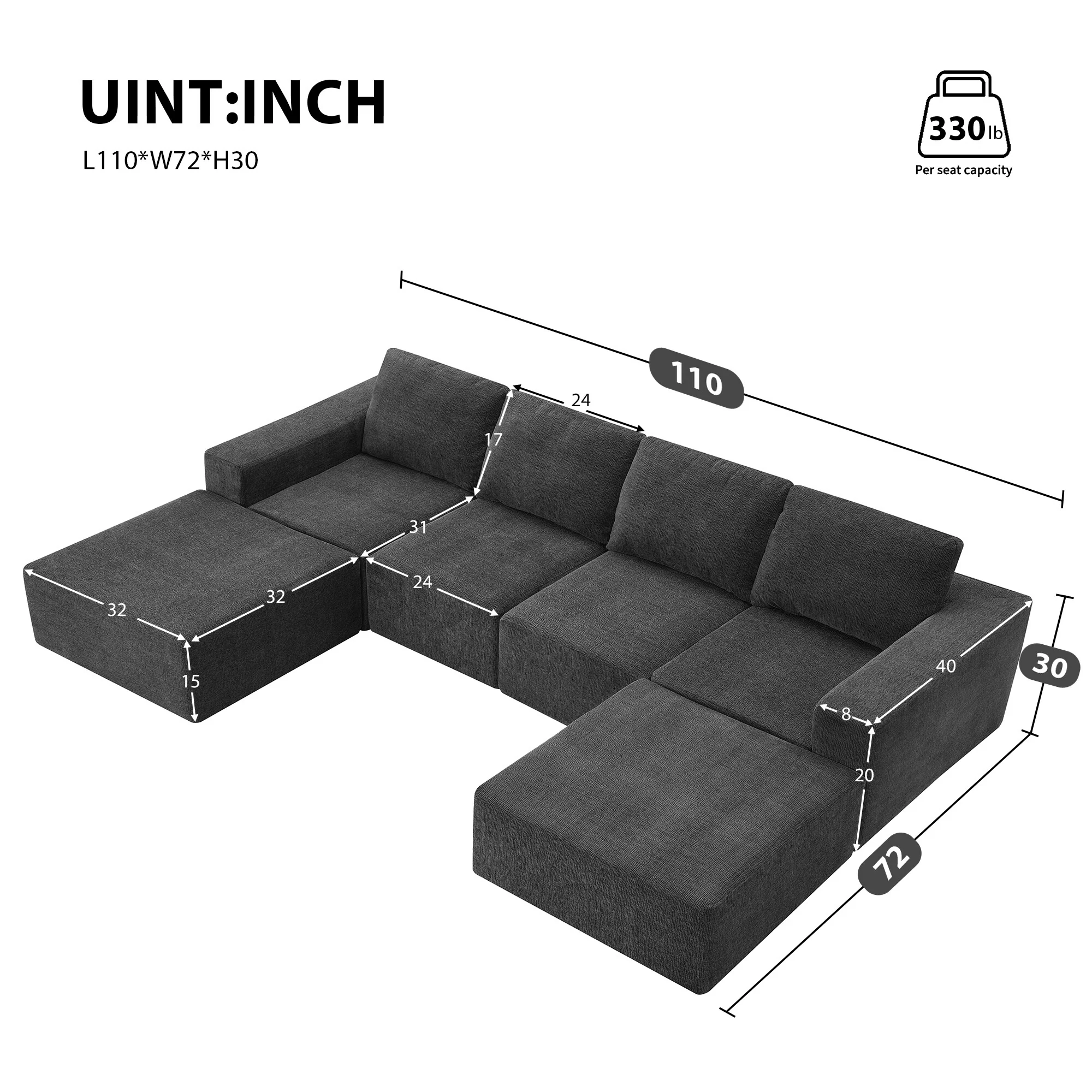 Grey 110 Modular U-Shaped Chenille 6-Seat Sectional Sofa with 2 Chaises, Luxurious Foam-Filled for Living Room Comfort