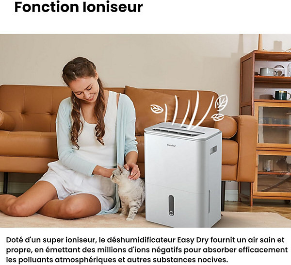 Déshumidificateur 2EN1,Elimine l'humidité jusqu'à 20LJour, Purification d'air avec ioniseur, 4 Modes, Fonction Air Swing