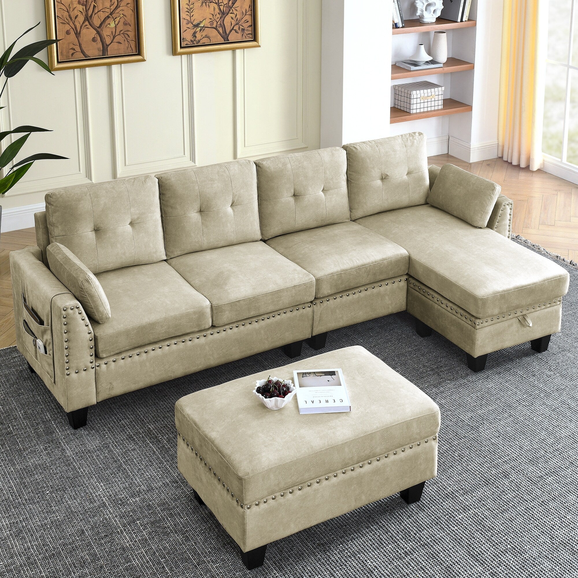 101.5'' Versatile 5-Seater Sectional Sofa Couch with Dual-Sided Storage, Velvet Upholstery, Non-Slip Legs, and Two Cushions