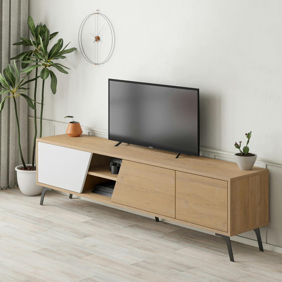 Meuble TV scandinave décor bois clair 1 porte blanche JENA