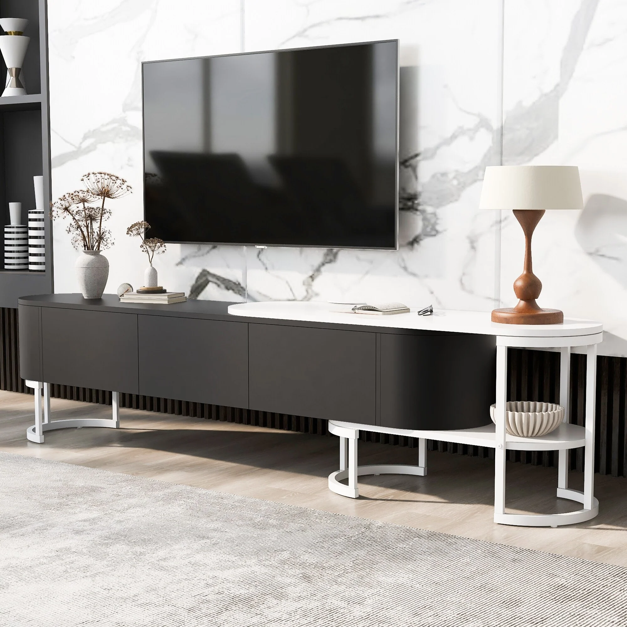 Black White Extendable TV Stand with 3 Drawers and Metal Adjustable Legs for TVs Up to 75