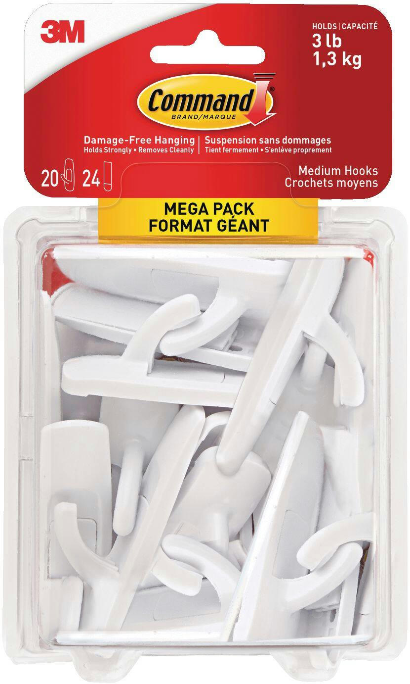 Command Medium Hooks Mega Pack with Adhesive Strips, White, 3-lbs, 20 Strips per Pack