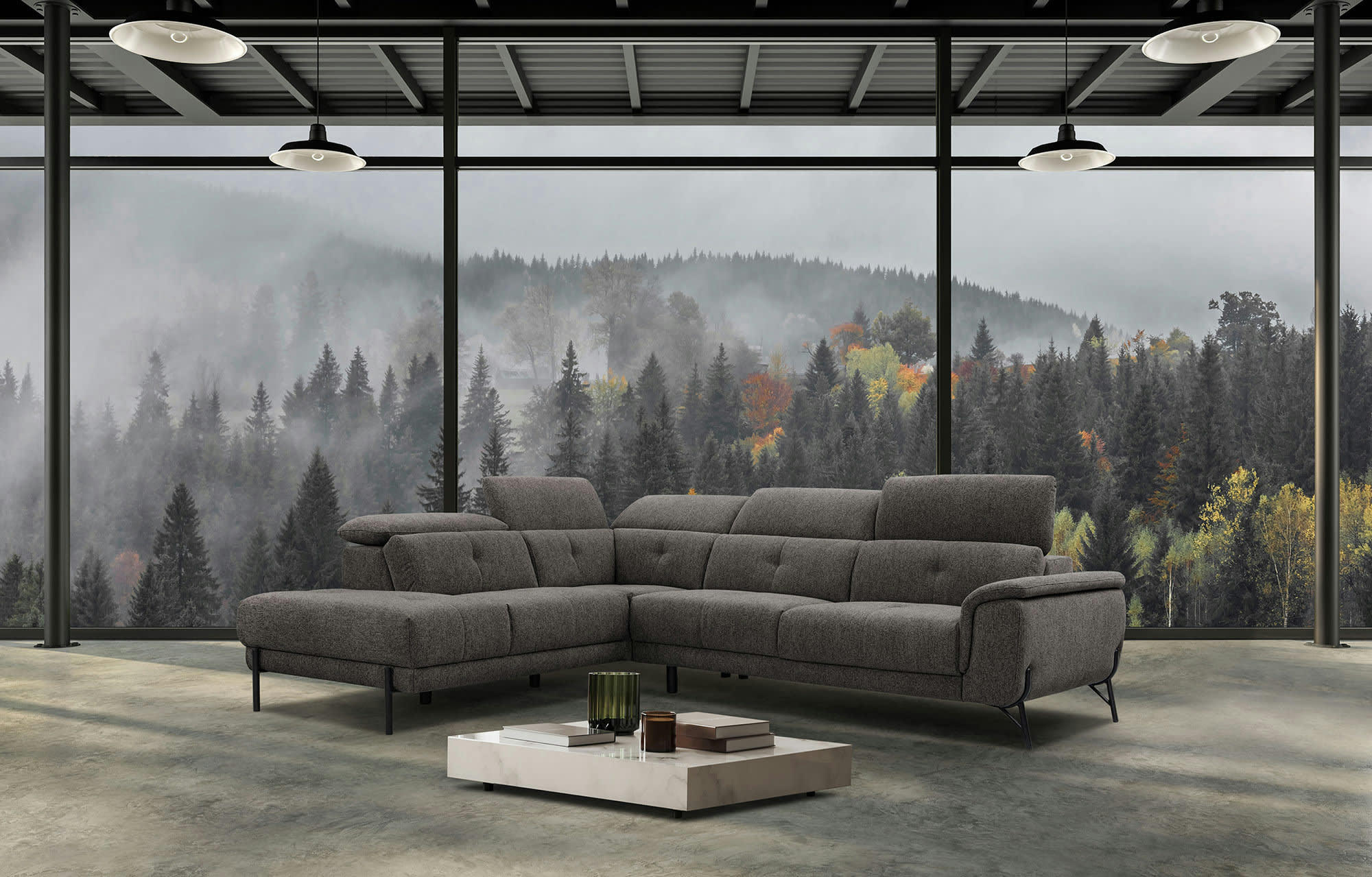 AVENA - Canapé d'angle gauche  5 places en tissu marron