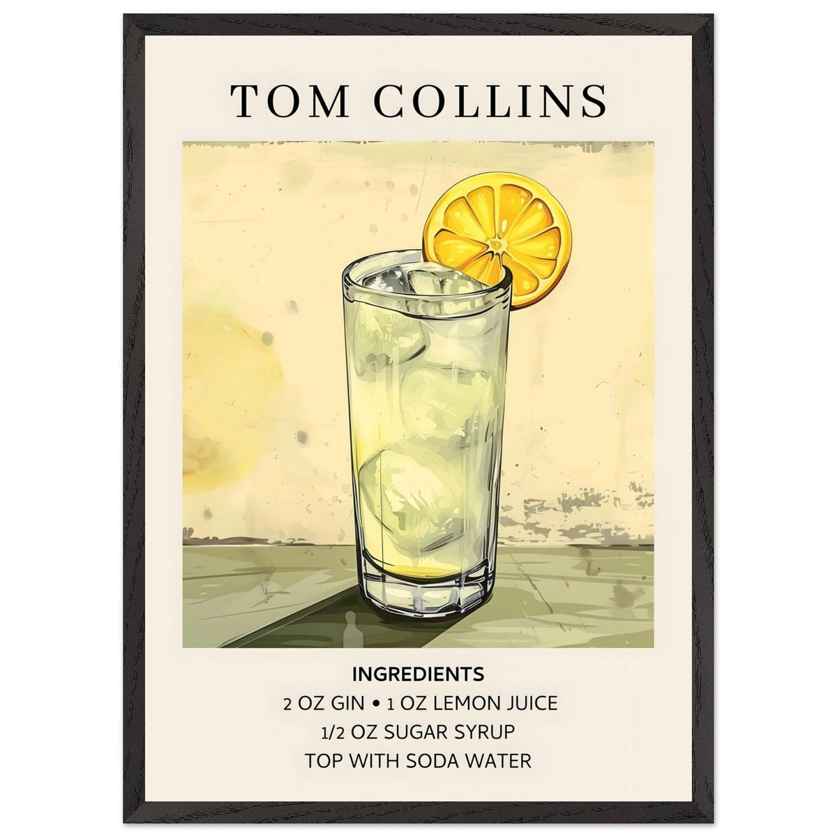 Artfulprints Poster met Lijst Tom Collins cocktail - Ingrediënten  - 50x70 cm - Groen
