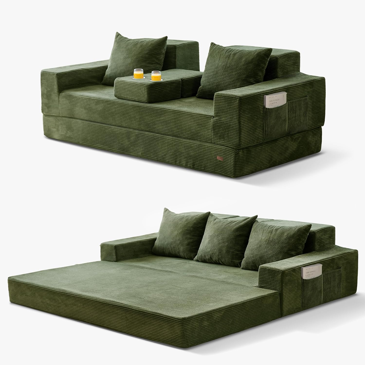 MAXYOYO Convertible Sofa Bed, 80 Oversized Boneless Loveseat Couch 4 in 1 Foldable Floor Sofa Couch in A Box with 2 Cup Holders, Folding Sleeper Chair for Living Room, No Assembly Required, Green
