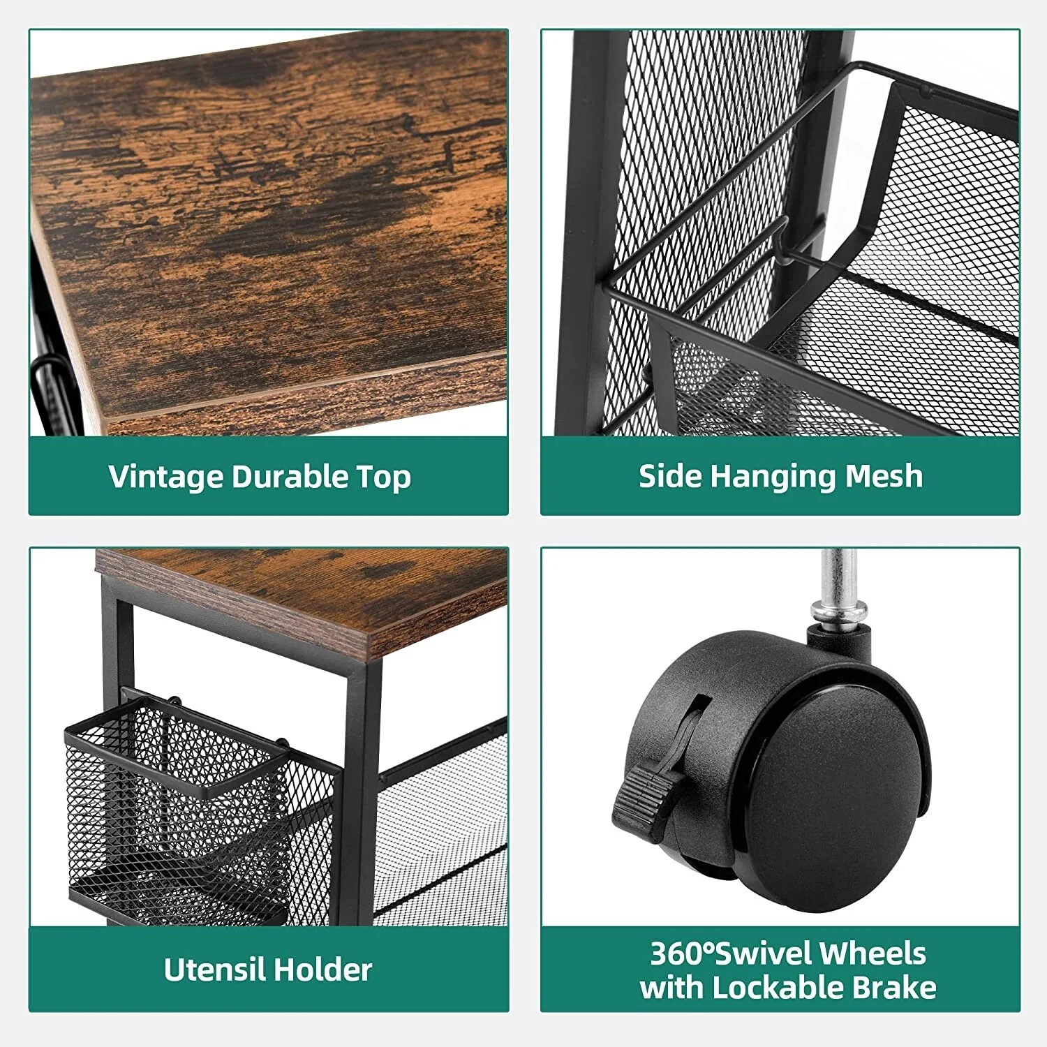 Kleio Wood Kitchen Cart 4-Tier Storage Mobile Utility with Wheels and Baskets