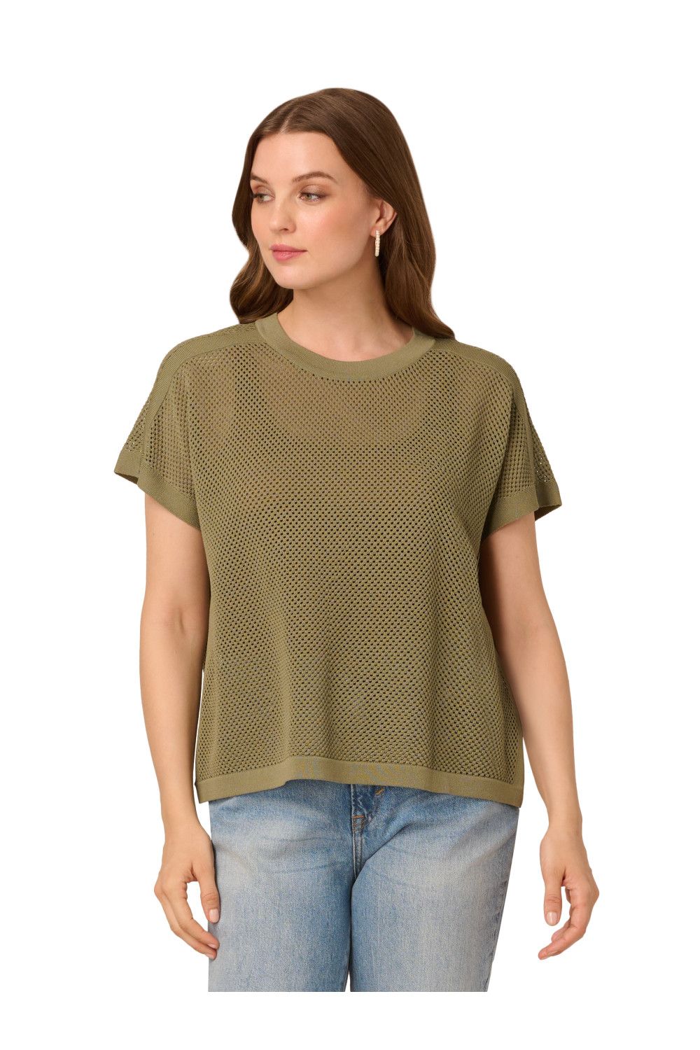 Adrianna Papell Crew Neck Mesh Stitch Pullover Dolman Sleeve Sweater