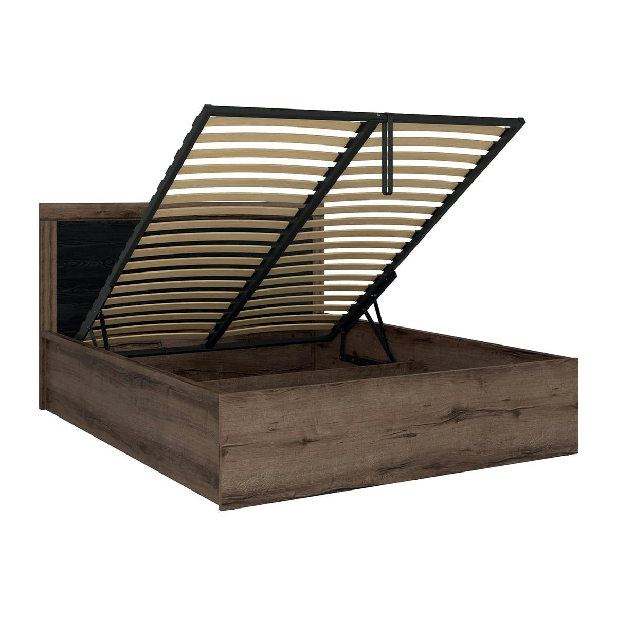 - Lit coffre 160x200 sommier inclus panneaux agglomérés naturel et noir