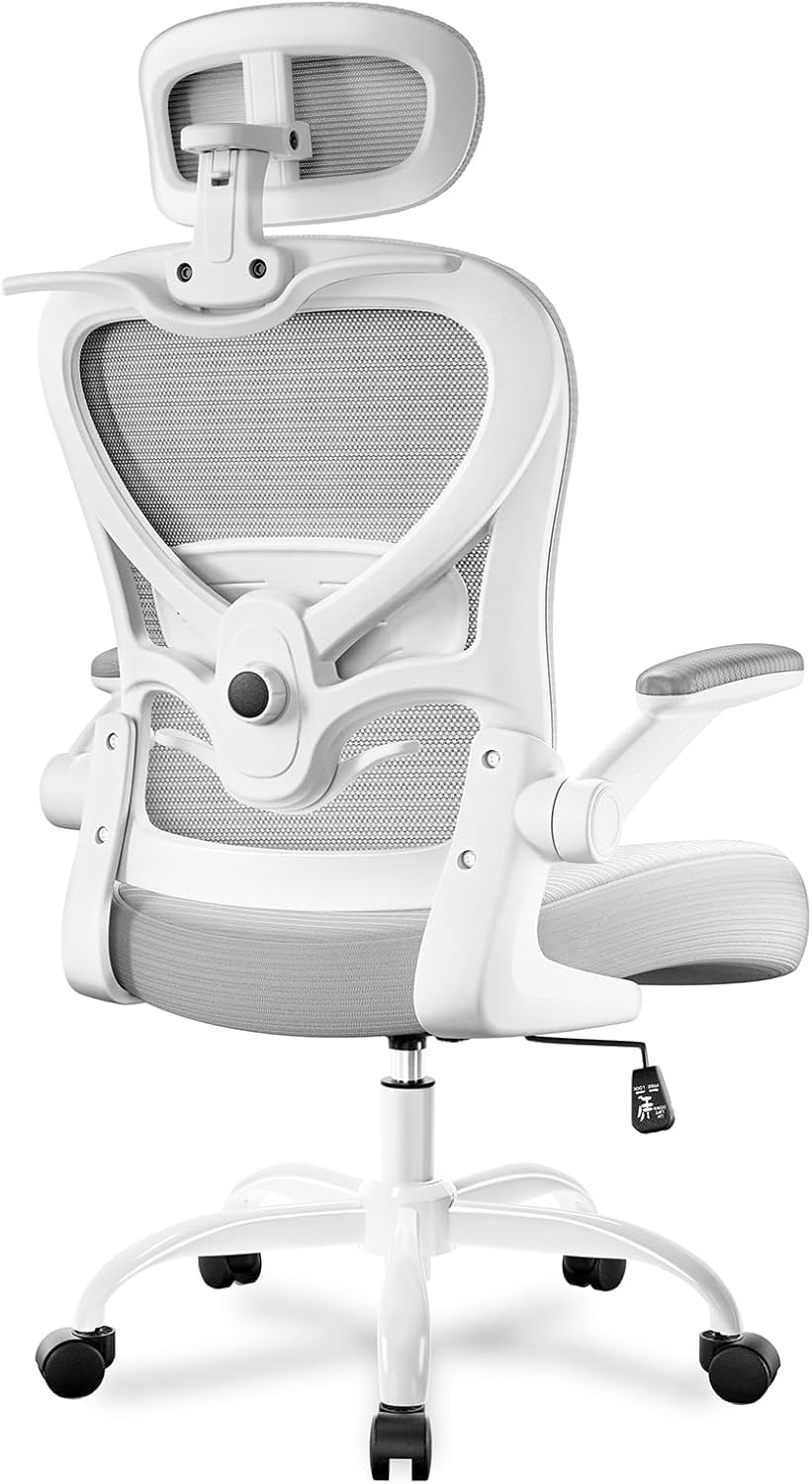 Freepub Ergonomic Office Chair with Headrest 3D, Mesh Office Desk Chair with Adjustable Lumbar Support, Computer Chair with Flip up Armrests, 350LBS Capacity - Design for Home/Offices - Grey