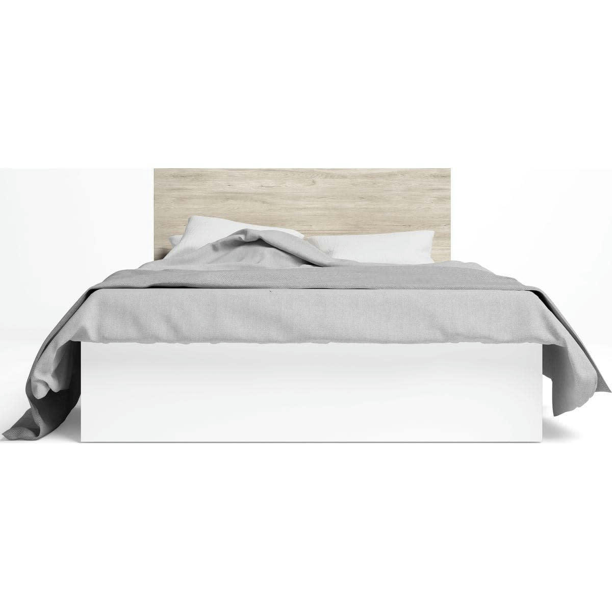 ARIZONA - Lit coffre 140x190 cm blanc avec tête de lit effet bois